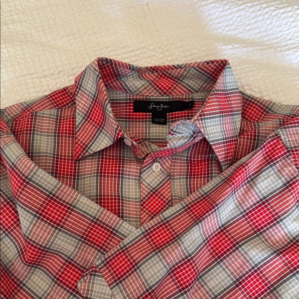 Sean John Men's Red and Gray Plaid Shirt
